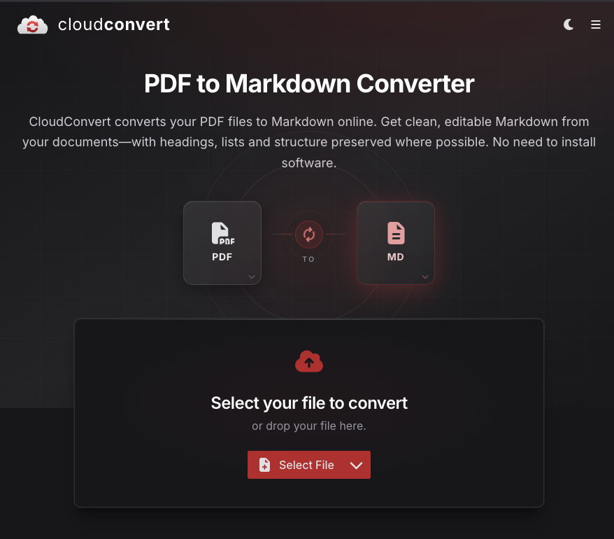 CloudConvert PDF to Markdown converter page with a PDF to MD selector and a Select File upload button