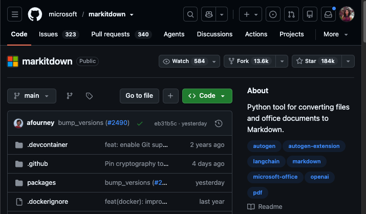 The microsoft slash markitdown GitHub repository page showing 184k stars and the description Python tool for converting files and office documents to Markdown