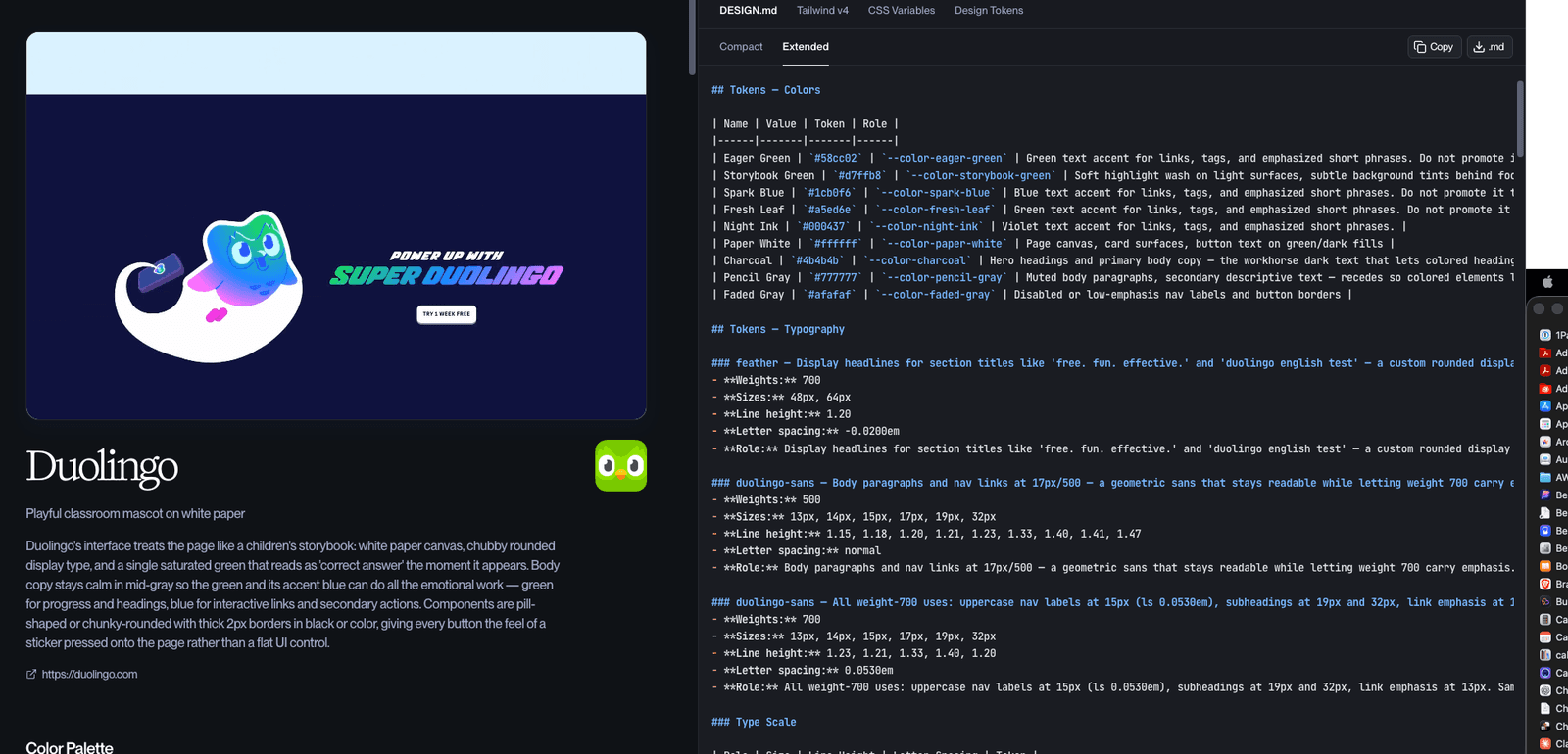 The Refero page for Duolingo showing a style description and color palette on the left, and a DESIGN.md tab on the right with a colors token table listing hex codes and roles, plus a typography section