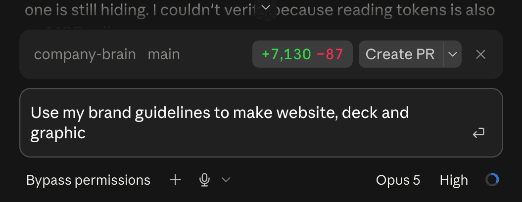 A Claude Code prompt reading use my brand guidelines to make website, deck and graphic, with a diff showing over seven thousand lines added