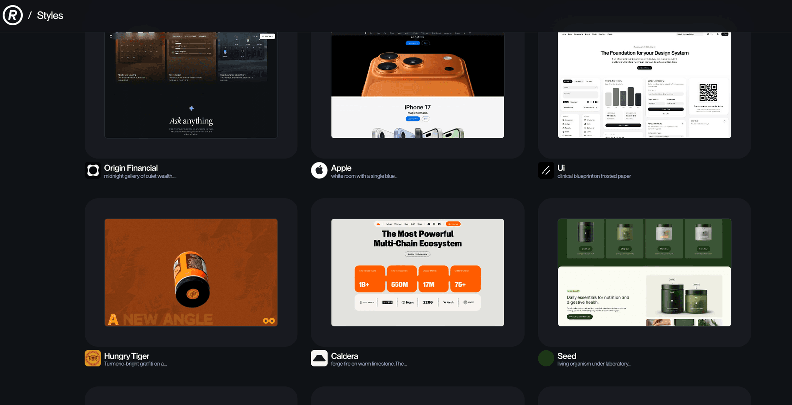 The Refero Styles browse page showing a grid of website screenshots with names and one-line style descriptions like midnight gallery of quiet wealth and clinical blueprint on frosted paper