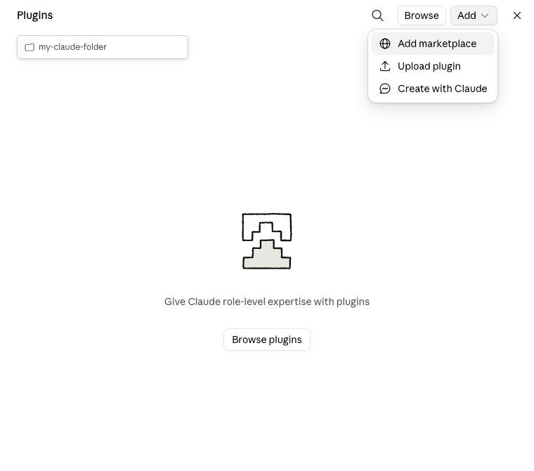 Claude Code Plugins panel with the Add dropdown open showing Add marketplace, Upload plugin, and Create with Claude