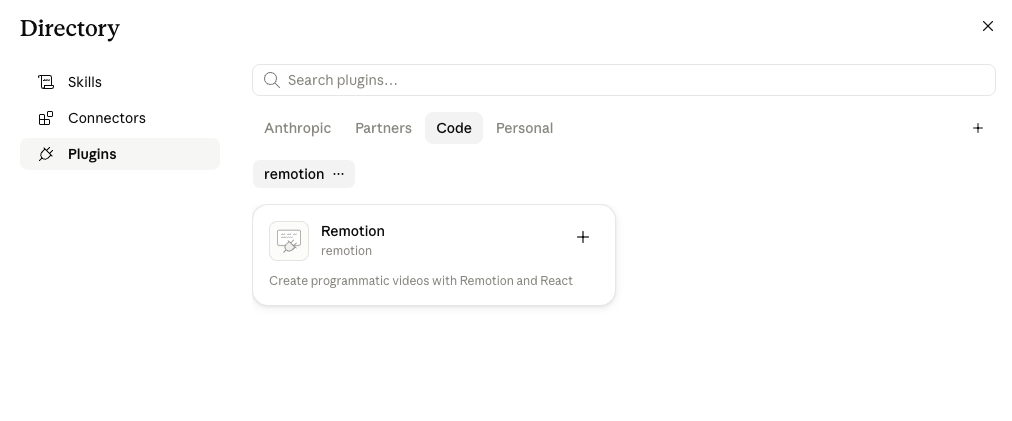 Claude plugin Directory showing the remotion marketplace selected and the Remotion plugin card described as Create programmatic videos with Remotion and React