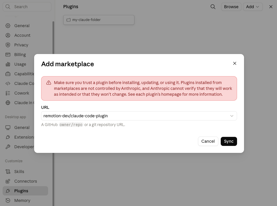 Add marketplace dialog in Claude Code with remotion-dev slash claude-code-plugin entered in the URL field and a Sync button