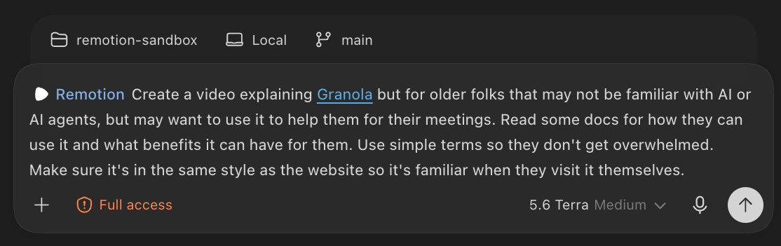 Codex prompt box in a remotion-sandbox folder with a Remotion prompt asking for a Granola explainer video aimed at older users unfamiliar with AI, in the style of the website