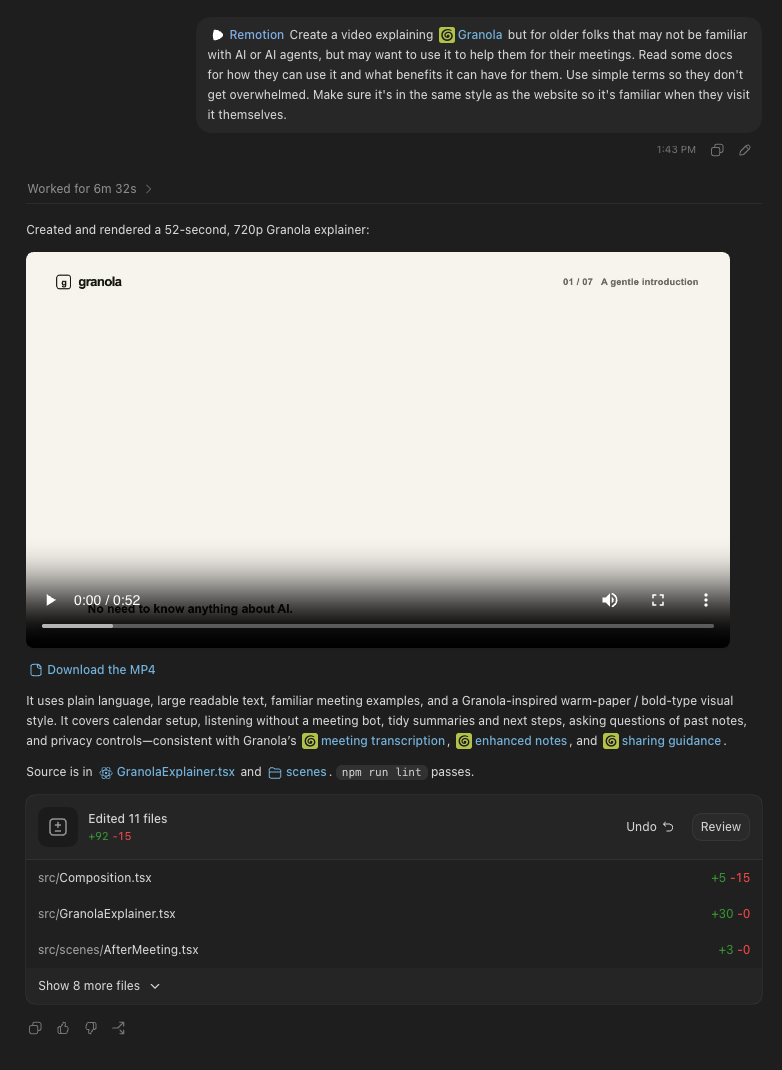 Codex output showing Worked for 6m 32s and a rendered 52-second 720p Granola explainer video with a Download the MP4 link and a list of 11 edited files