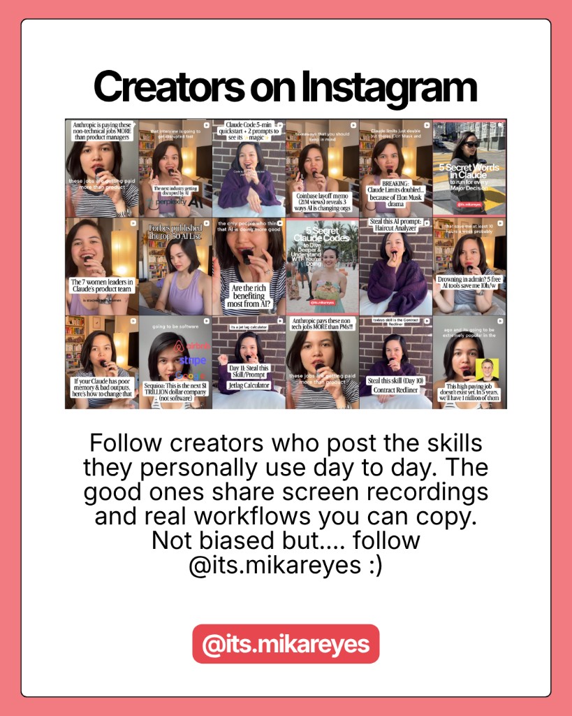 Instagram reels showing real Claude skill workflows