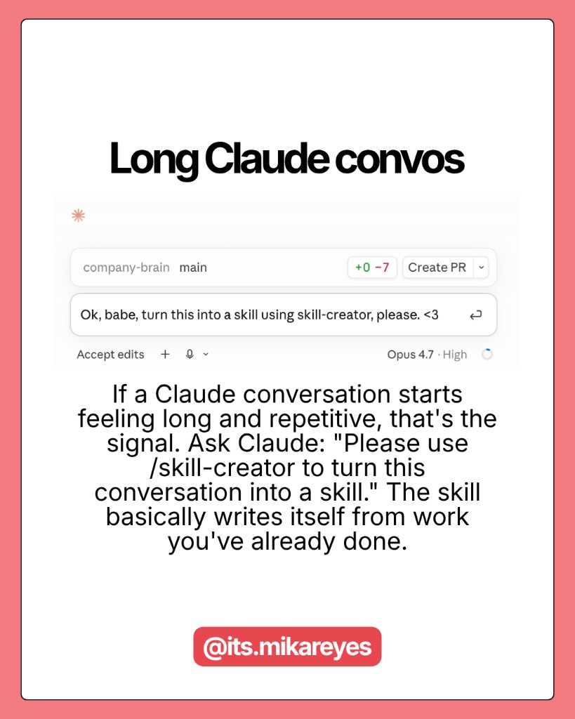 Asking Claude to turn a long conversation into a skill
