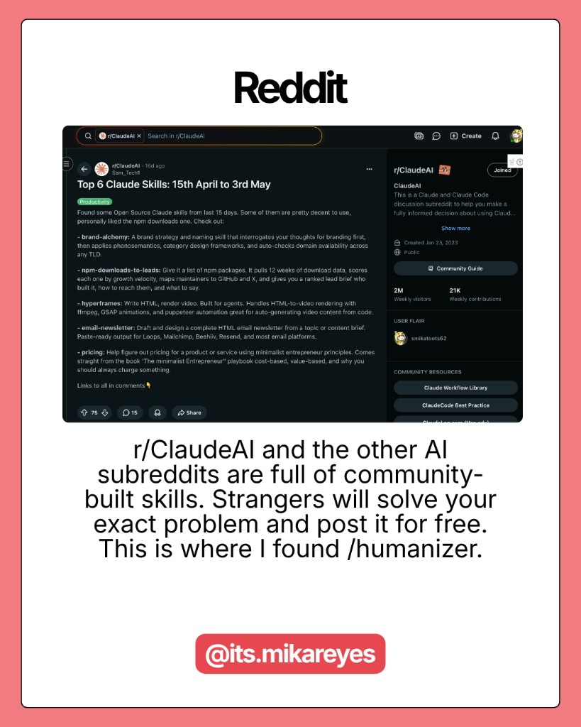 Top Claude skills post on r/ClaudeAI
