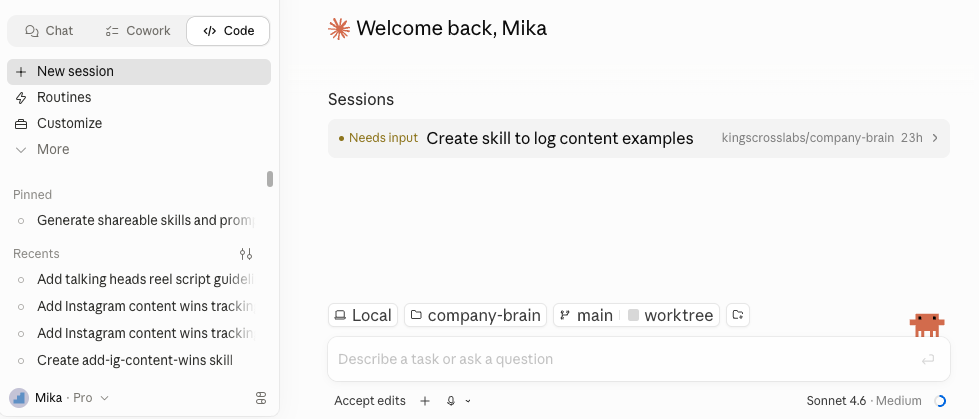 Claude Cowork with recents and session context
