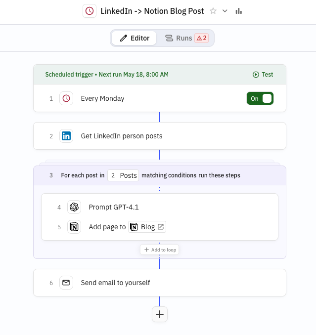 Relay workflow: LinkedIn to Notion with scheduled trigger and GPT step