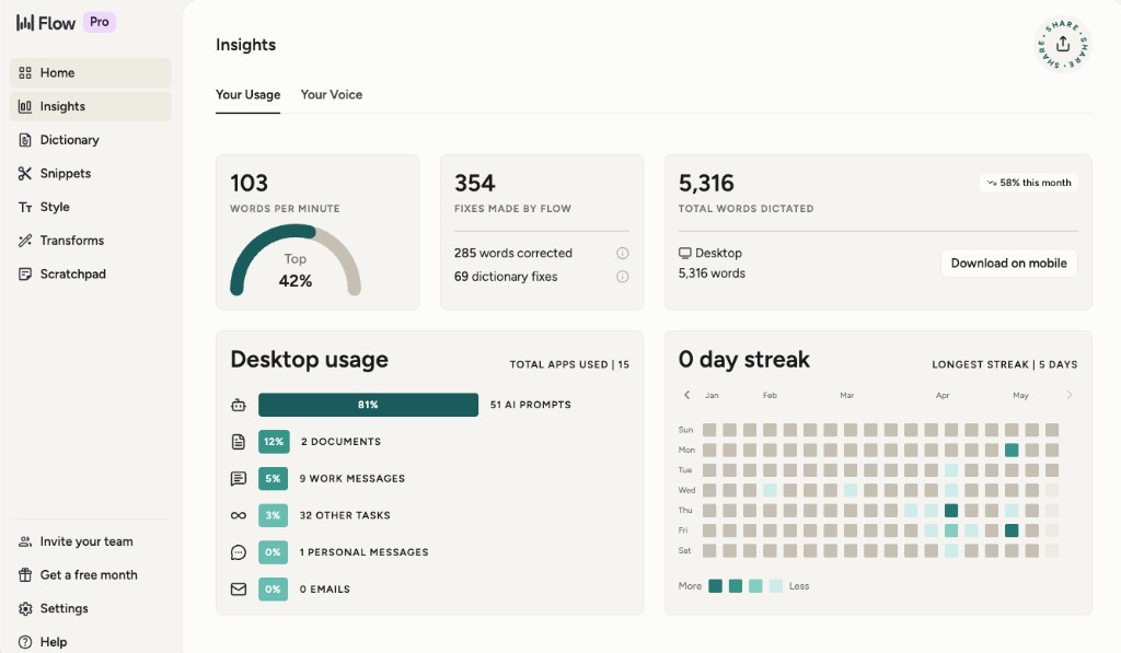 Wispr Flow Pro Insights usage dashboard