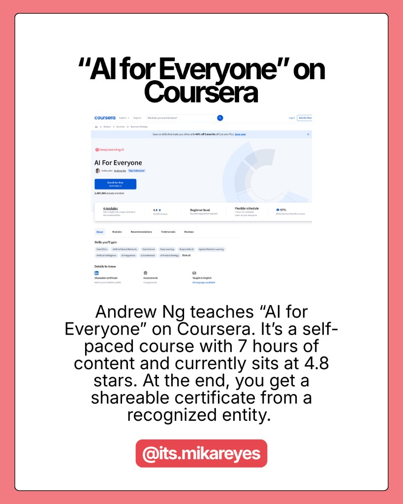 AI for Everyone on Coursera with Andrew Ng โ 4.8 stars, ~7 hours, shareable certificate