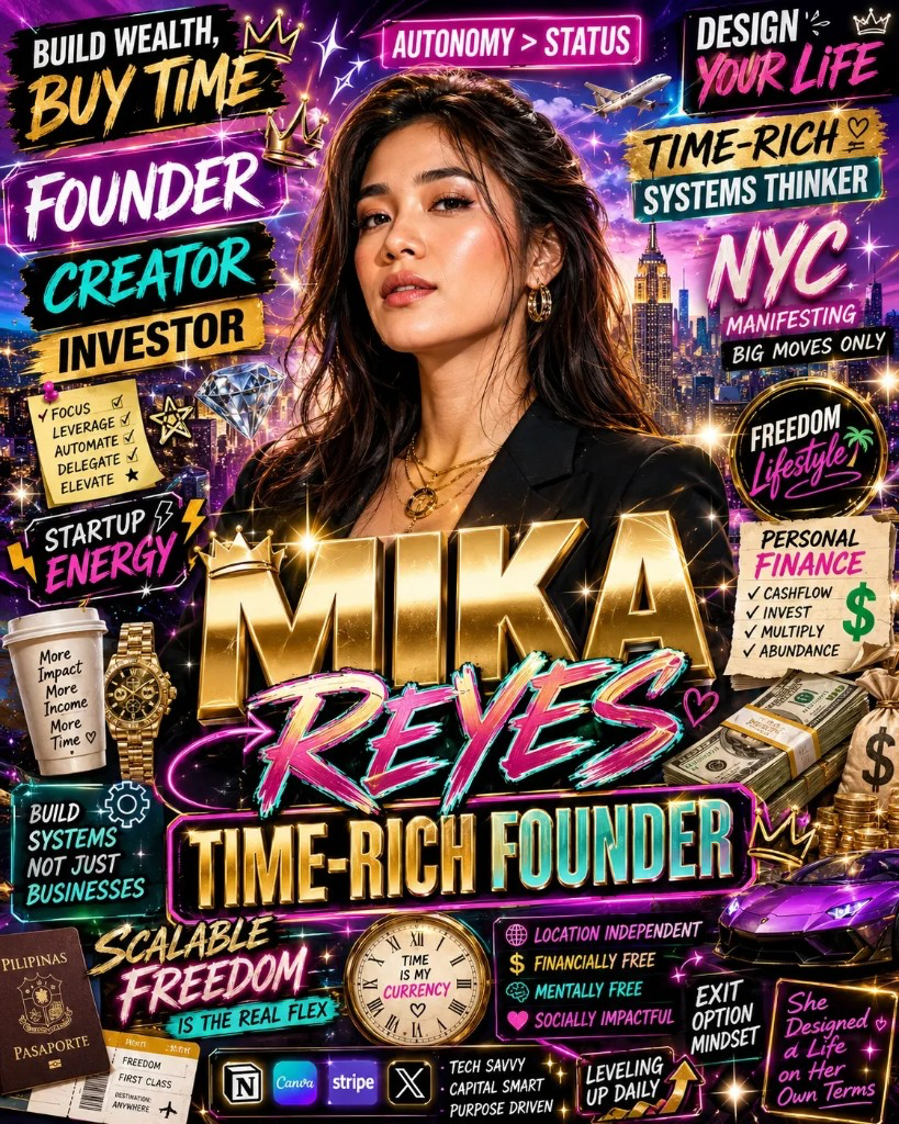 Over-the-top AI-generated poster of Mika Reyes crammed with glowing gold 3D lettering, neon gradients, sparkles, a sports car, and dozens of clashing labels, a textbook example of an AI-looking graphic
