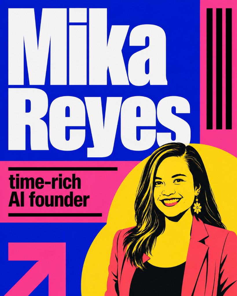 Bold neo-brutalist pop poster of Mika Reyes in electric blue, hot pink, and lemon yellow with flat color blocks, oversized type, and a high-contrast illustrated portrait