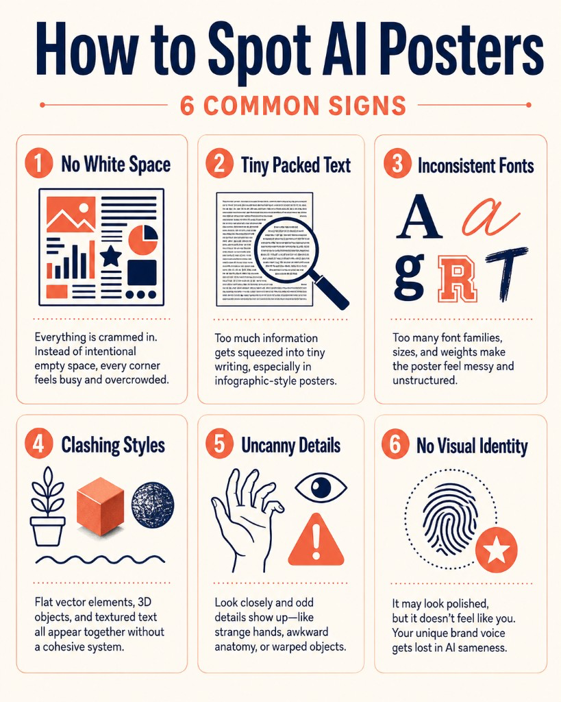 Clean flat vector infographic titled How to Spot AI Posters with six numbered signs in a grid, navy and coral icons, and generous spacing