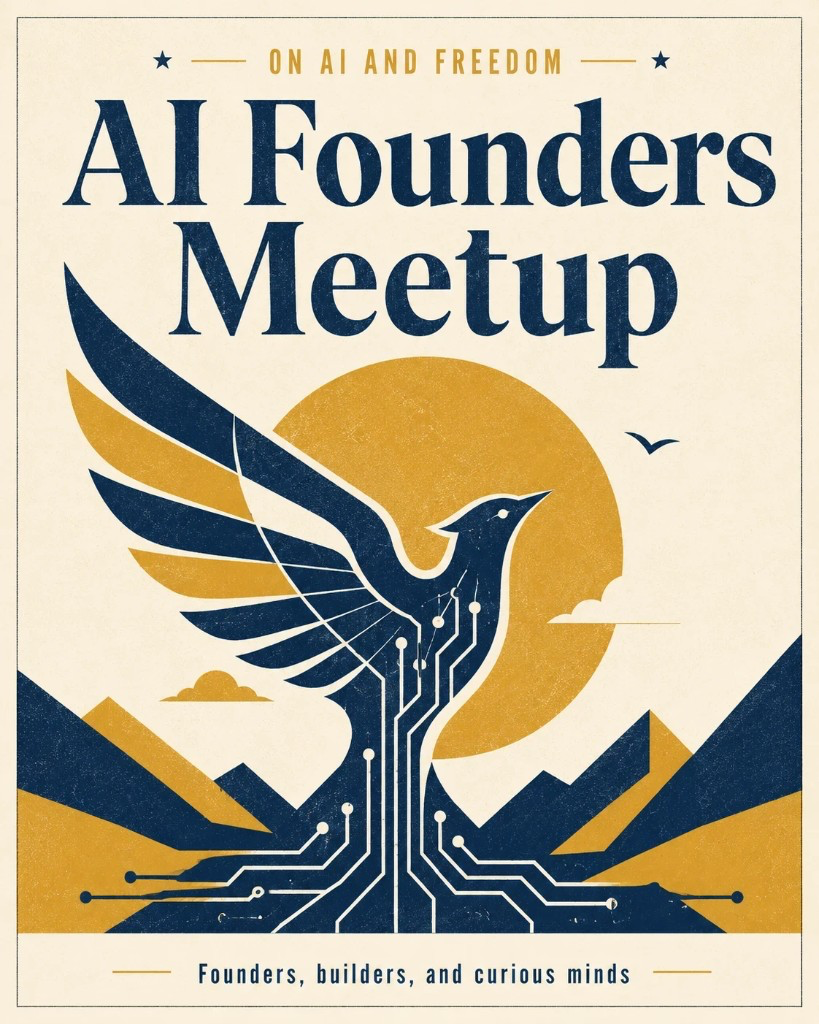 Mid-century travel-style poster for an AI Founders Meetup in navy, mustard, and off-white with a flat illustrated phoenix over mountains and offset print texture, generated from the modern event prompt