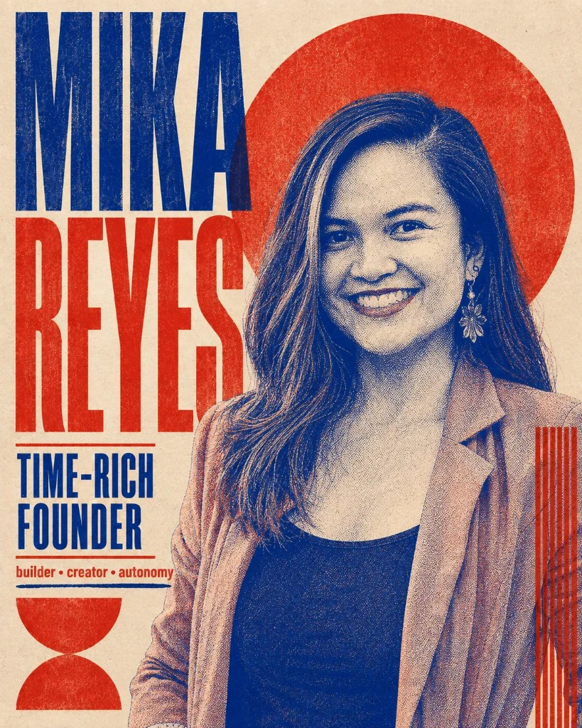 Risograph-style poster of Mika Reyes in a red and blue two-ink overprint with paper grain and halftone dots, generated from the retro risograph prompt
