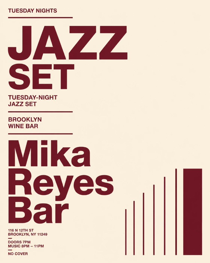 Swiss editorial jazz poster in deep burgundy on cream, generated from the Swiss design prompt, with a strict grid, left-aligned Helvetica headline, and heavy negative space