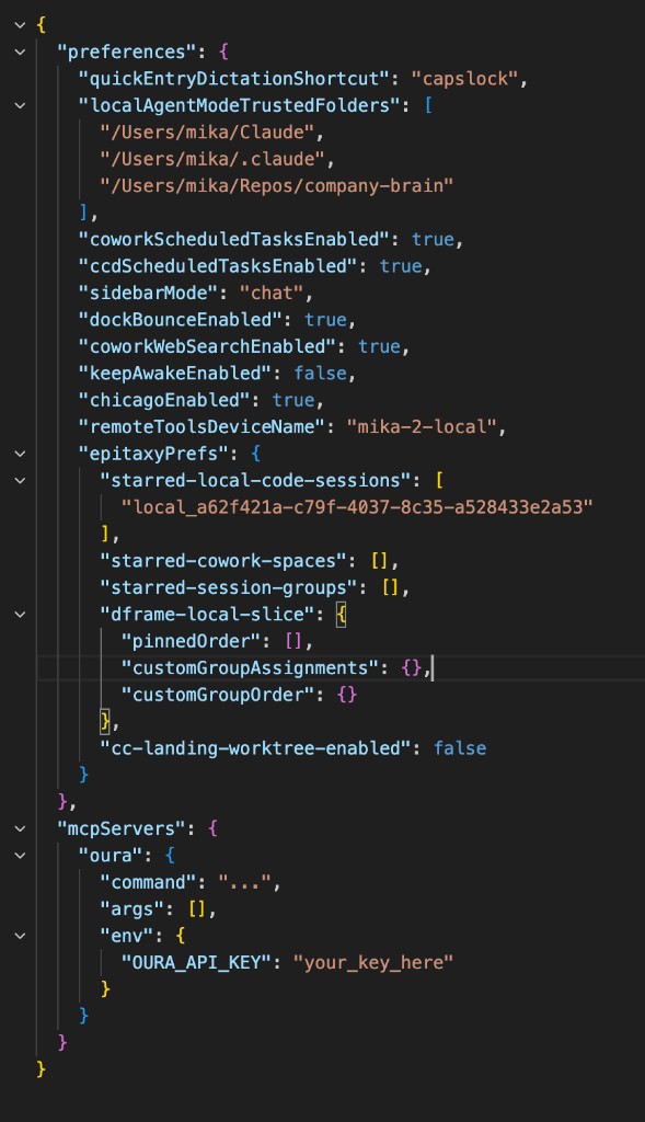 claude_desktop_config.json with mcpServers section for Oura