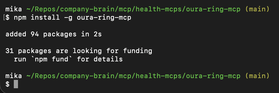 Terminal running npm install -g oura-ring-mcp
