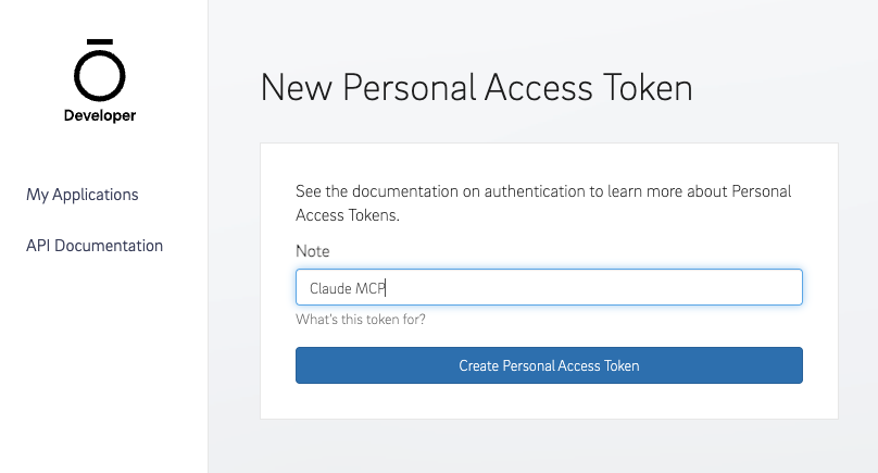 Oura Developer portal New Personal Access Token form