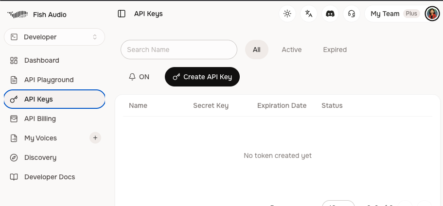 Fish Audio API Keys page under Developer with Create API Key highlighted and an empty key list