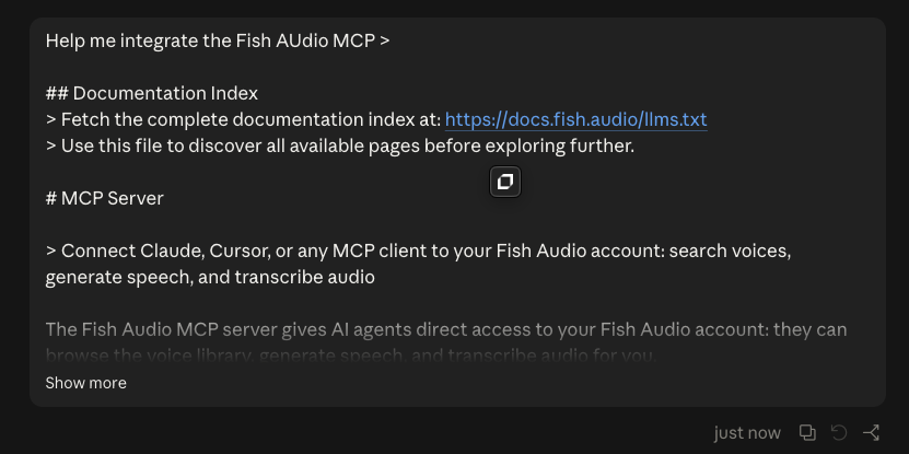 Claude chat card titled Help me integrate the Fish Audio MCP, with the Fish Audio MCP docs pasted in