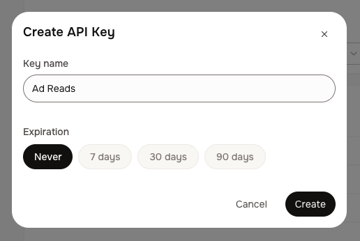 Create API Key modal with key name Ad Reads and expiration set to Never