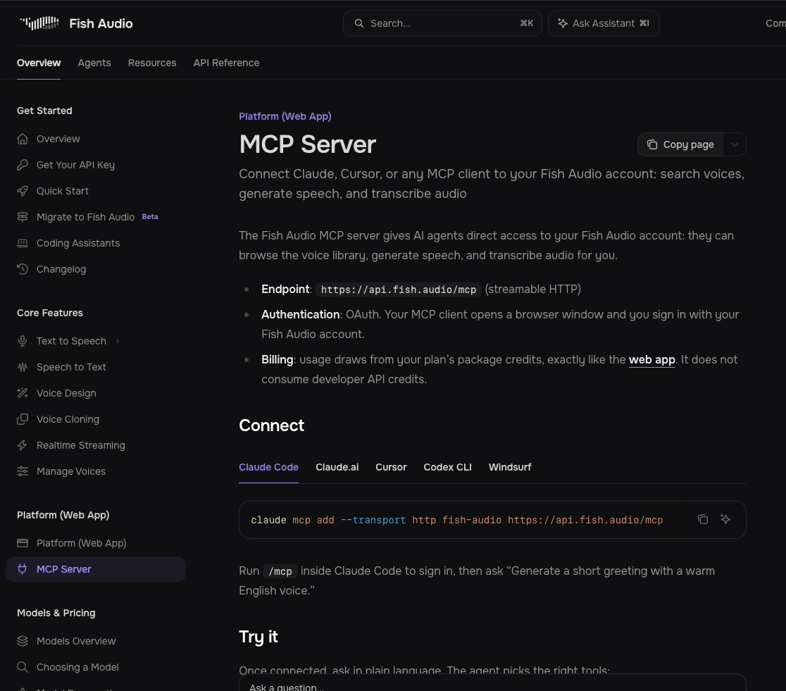 Fish Audio MCP Server docs showing the Claude Code command to add https://api.fish.audio/mcp and sign in with /mcp