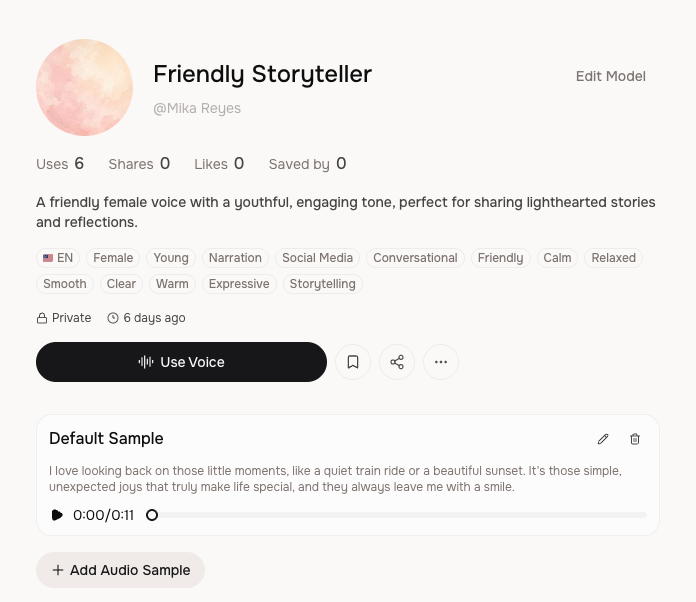 Fish Audio voice model page for Friendly Storyteller, a private English female voice tagged young, narration, social media, conversational, friendly, and warm, with an 11-second default sample