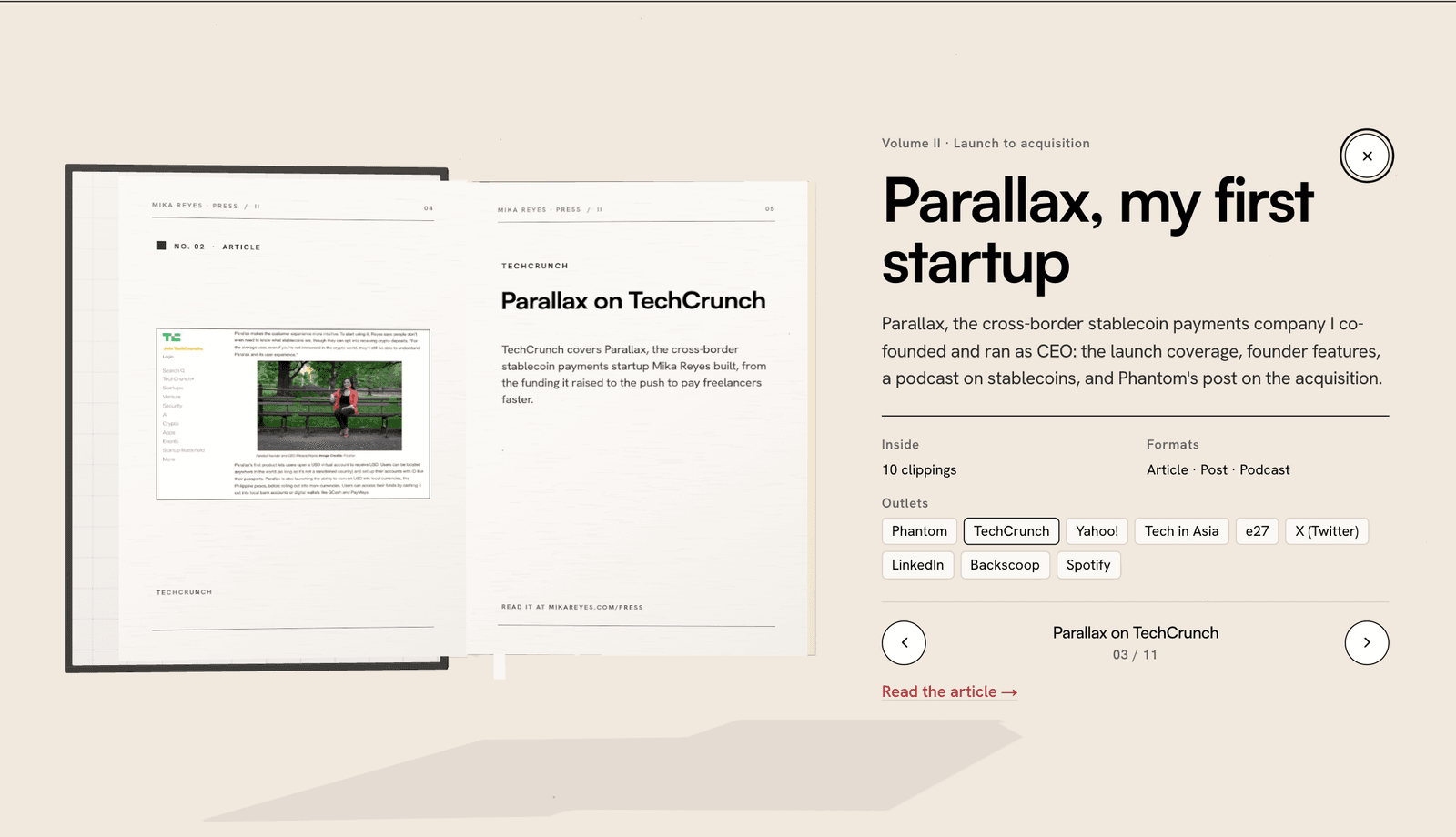 An open press volume in 3D showing a TechCrunch article screenshot on the left page and its headline and summary on the right, next to the volume's description and clickable outlet links