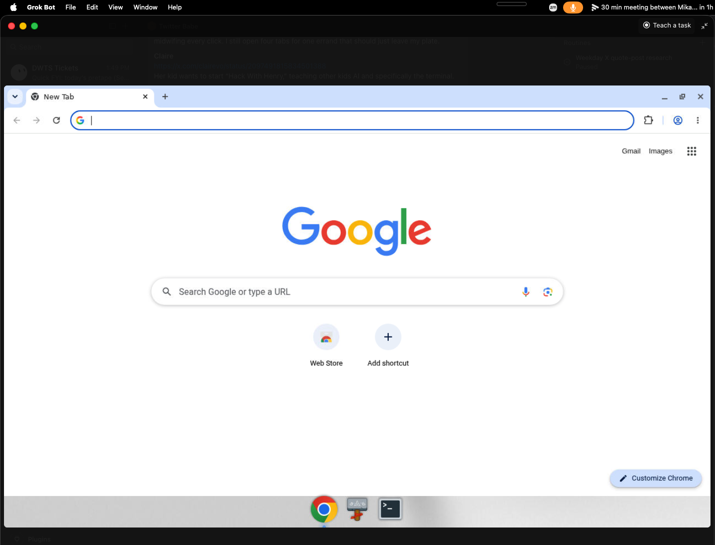 Grok Bot cloud computer showing a Chrome window open to Google, with a Dancing with the Stars tickets tab in the background