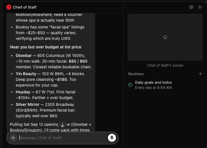 Grok Bot Chief of Staff chat listing nearby spa options with prices, plus a computer screen panel and a Daily goals and todos routine
