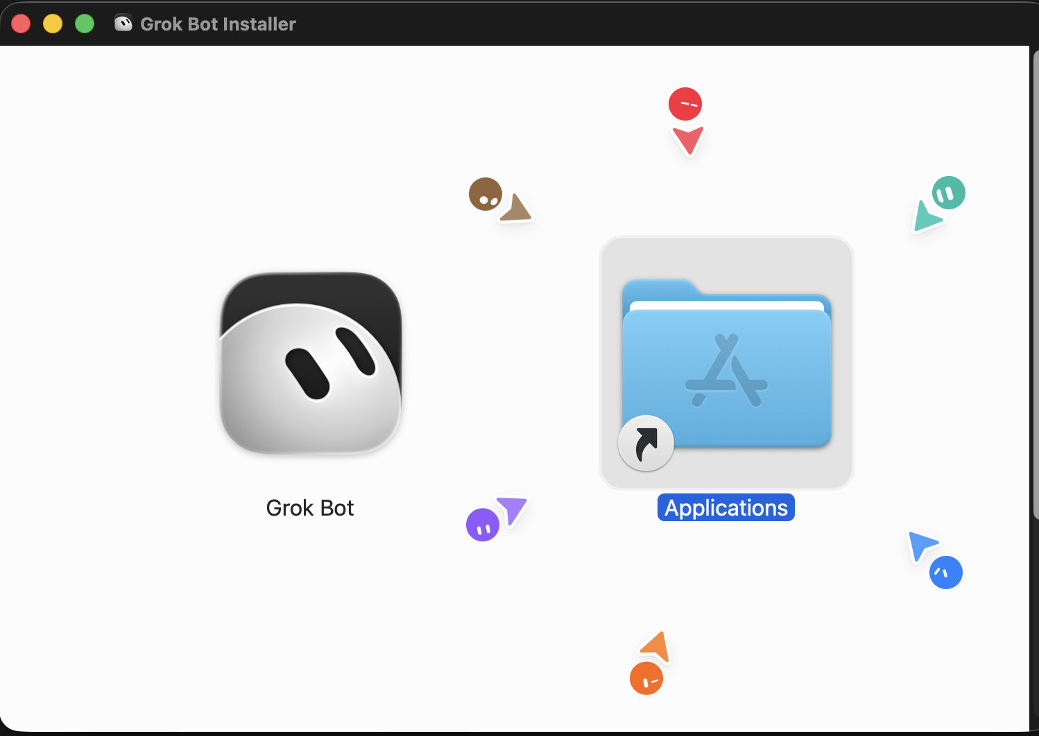 macOS Grok Bot installer window with the Grok Bot app icon next to the Applications folder