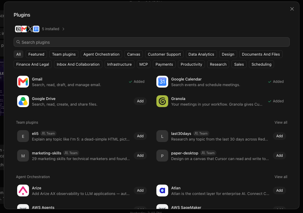 Grok Bot plugins panel with Gmail, Google Calendar, and Granola marked added, plus search categories for payments, inbox, and scheduling