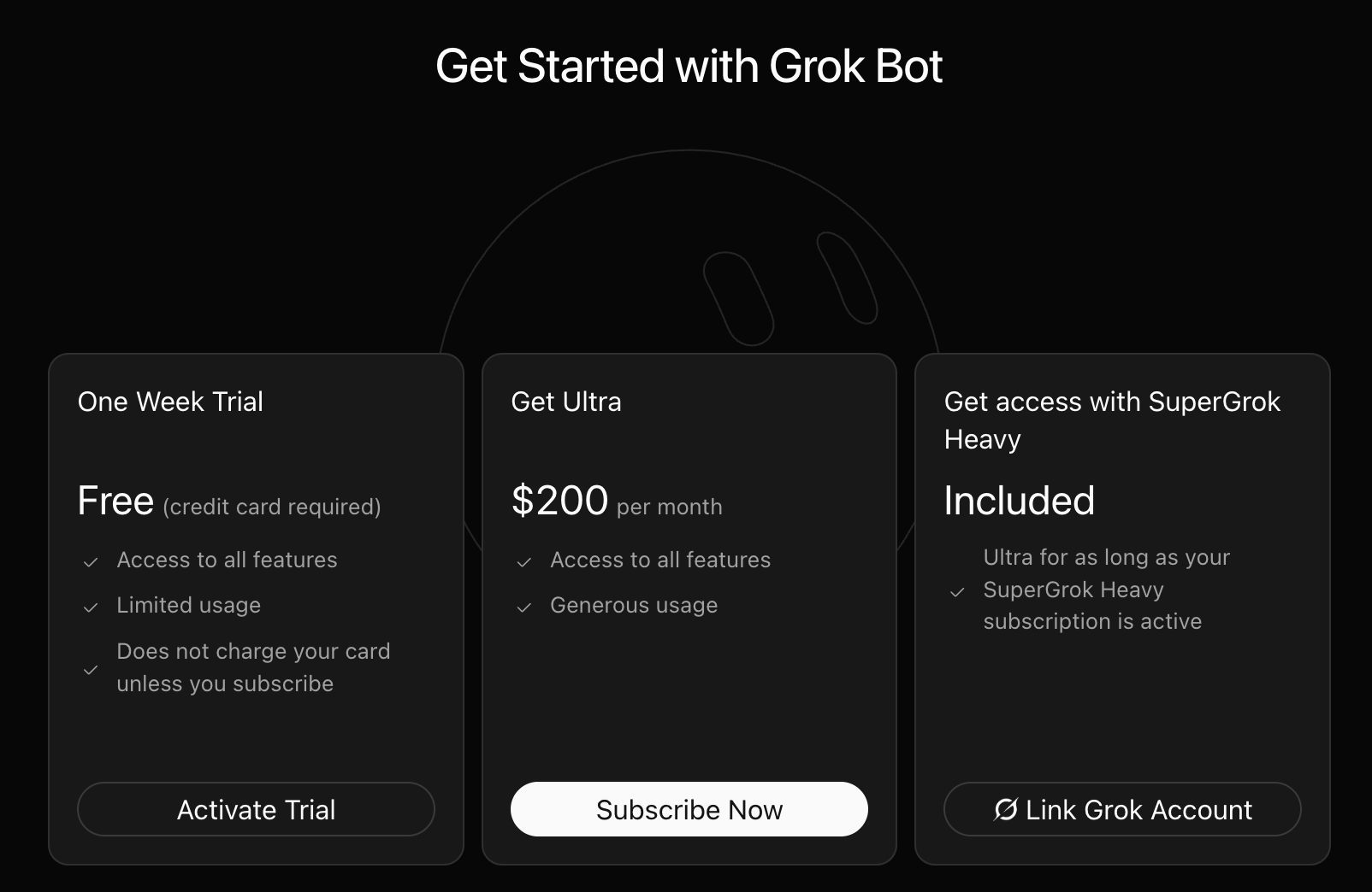 Grok Bot get started screen with a one-week trial, Cursor Ultra at $200 per month, and SuperGrok Heavy included