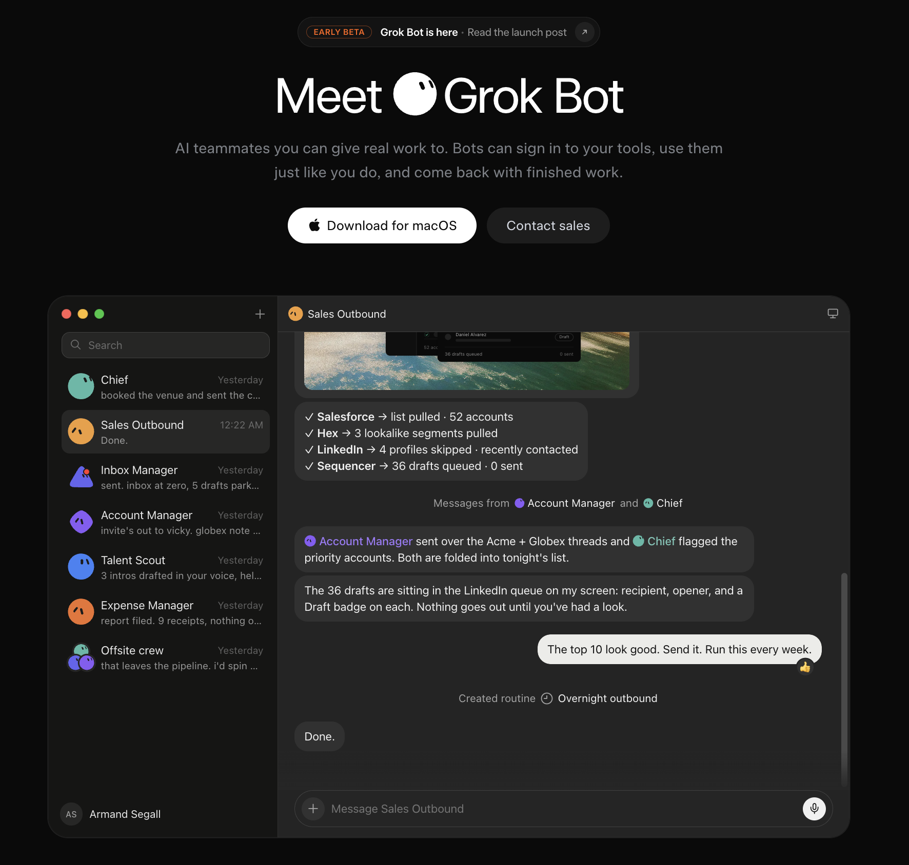 Grok Bot product page showing a Sales Outbound bot in a group chat with Account Manager and Chief, plus a sidebar of named teammates