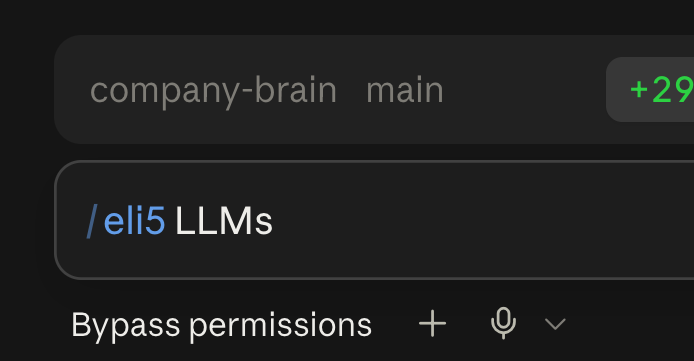 Claude Code prompt box showing the ELI5 skill command /eli5 LLMs typed in, ready to run