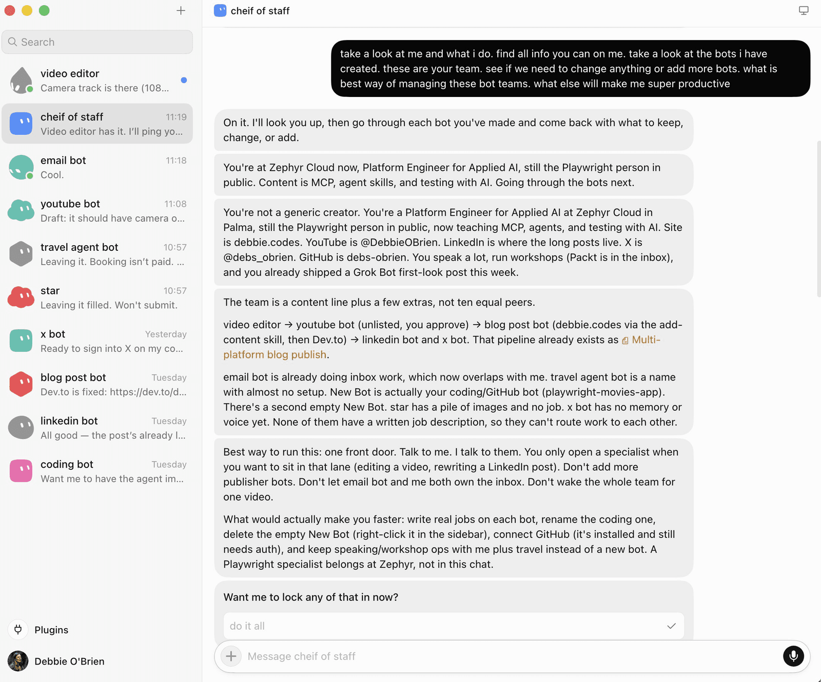 Debbie O'Brien's Grok Bot Chief of Staff chat auditing her video, YouTube, blog, LinkedIn, X, email, and coding bots and recommending CoS as the single front door