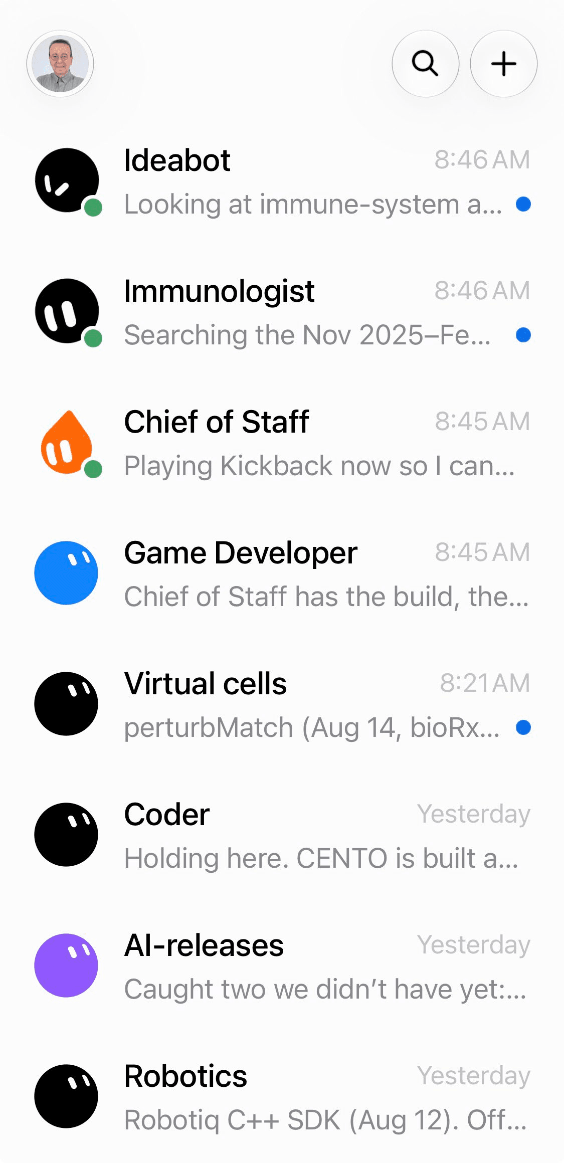 Derya Unutmaz's Grok Bot iOS list of science and engineering bots including Ideabot, Immunologist, Chief of Staff, Virtual cells, Coder, AI-releases, and Robotics