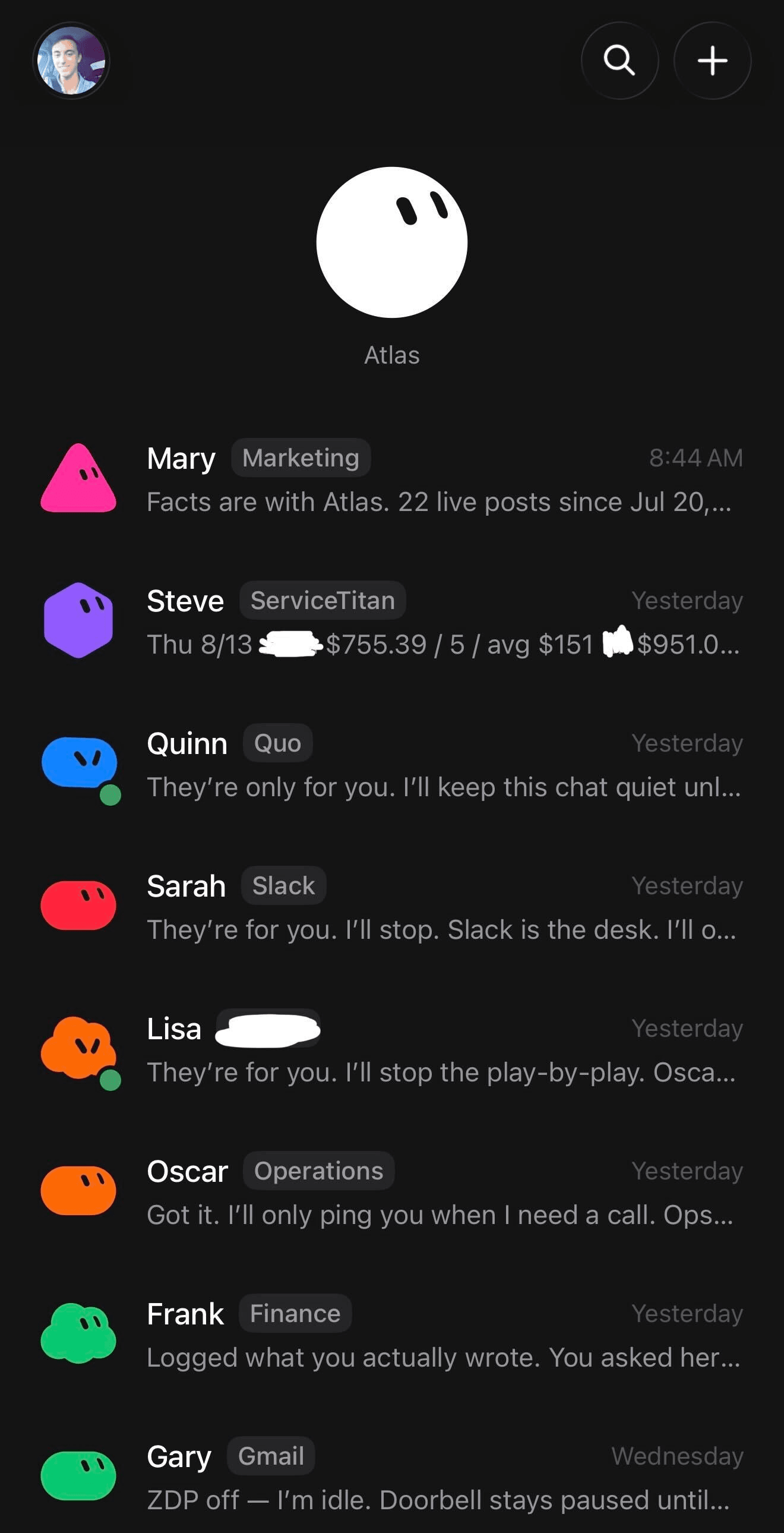 Jon ONeill's Grok Bot iOS roster for a plumbing company with Atlas at the top and specialists for marketing, ServiceTitan, Quo, Slack, operations, finance, and Gmail