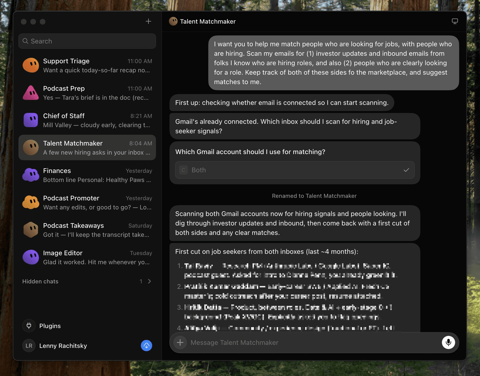 Lenny Rachitsky's Grok Bot desktop sidebar showing Support Triage, Podcast Prep, Chief of Staff, Talent Matchmaker, and Finances, with the Talent Matchmaker chat scanning Gmail for job matches