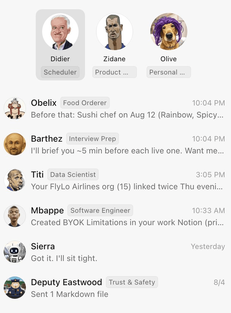 Maxime Prades' Grok Bot mobile roster with pinned bots Didier, Zidane, and Olive above specialists for food ordering, interview prep, data science, and engineering