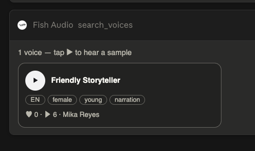 Fish Audio search_voices result showing Mika's cloned Friendly Storyteller voice
