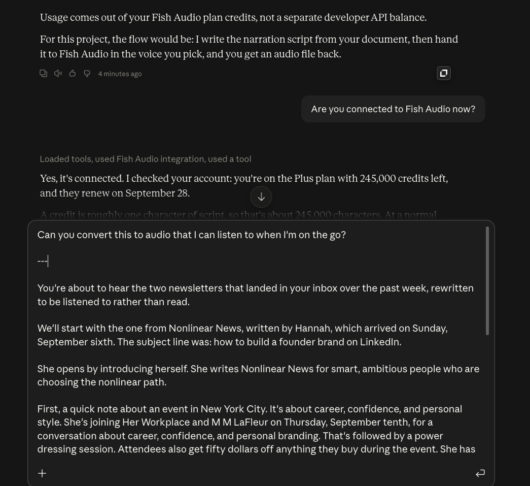 Claude confirming the Fish Audio connector is live, then converting a newsletter script into audio
