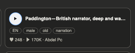 Fish Audio voice card for Paddington, a British narrator tagged English, male, old, narration