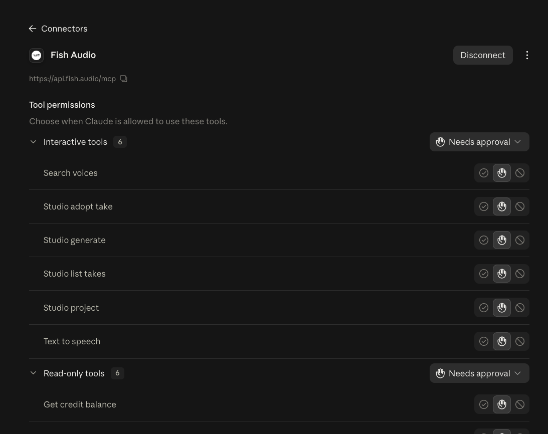 Fish Audio connector in Claude with interactive tools set to Needs approval