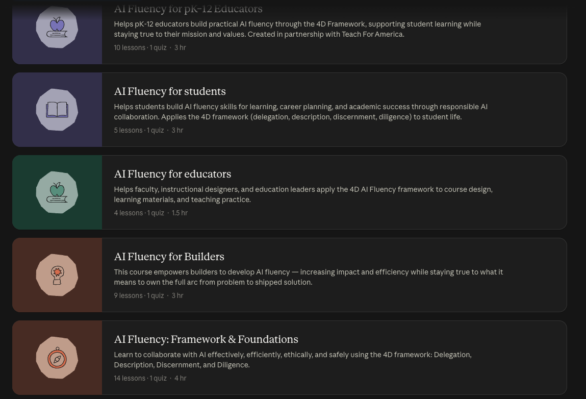 Claude Academy AI Fluency course list, with AI Fluency: Framework and Foundations at the bottom