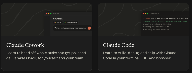 Claude Academy product cards for Claude Cowork and Claude Code side by side